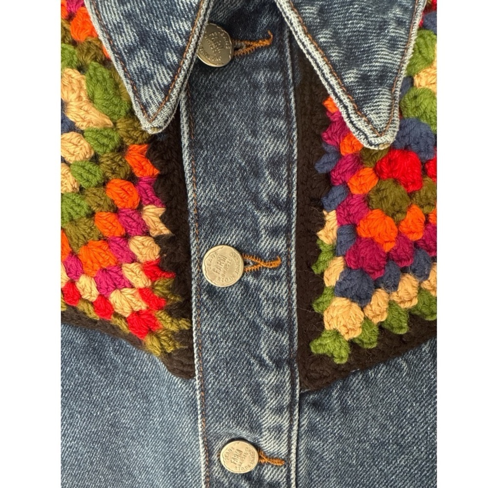 FARM Rio Blue Denim Jacket with Multicolor Crochet Panels - Picture 7 of 7